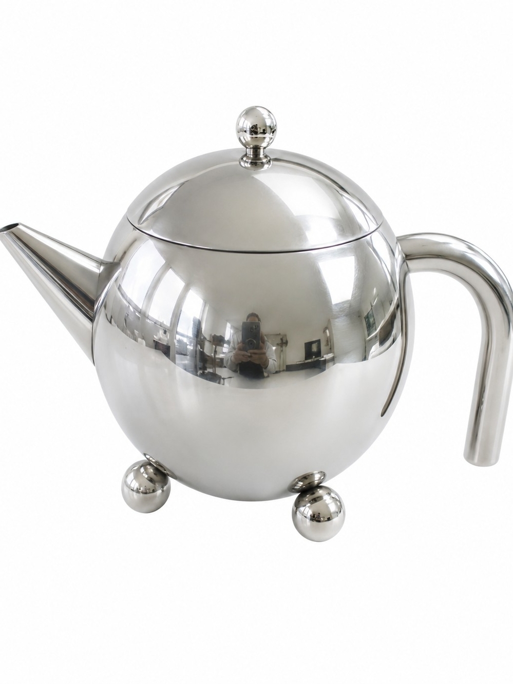 Vintage Silver Tone Round Teapot Tea Pot Ball Feet Modern Art Deco Style